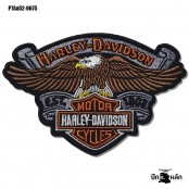 อาร์มรีดติดเสื้อ ตัวรีดติดเสื้อ ปักโลโก้ harley davidson EST. 1903 นกอินทรีย์ ปักส้มเทาดำน้ำตาลขาวเหลืองพื้นโพลีดำ /Size 10.5*7cm P7Aa52-0675