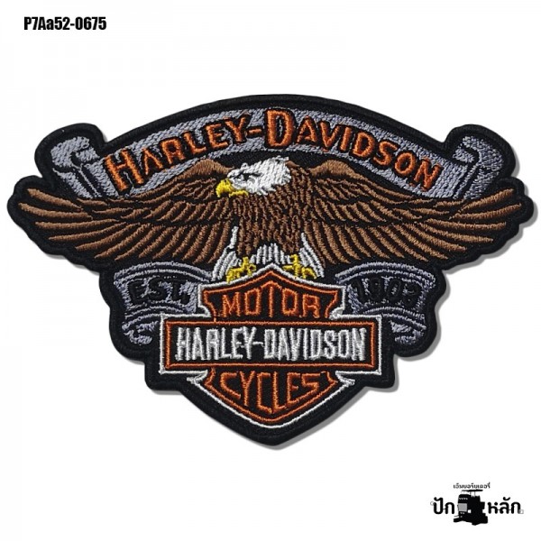 อาร์มรีดติดเสื้อ ตัวรีดติดเสื้อ ปักโลโก้ harley davidson EST. 1903 นกอินทรีย์ ปักส้มเทาดำน้ำตาลขาวเหลืองพื้นโพลีดำ /Size 10.5*7cm P7Aa52-0675