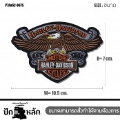 อาร์มรีดติดเสื้อ ตัวรีดติดเสื้อ ปักโลโก้ harley davidson EST. 1903 นกอินทรีย์ ปักส้มเทาดำน้ำตาลขาวเหลืองพื้นโพลีดำ /Size 10.5*7cm P7Aa52-0675