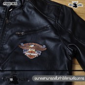 อาร์มรีดติดเสื้อ ตัวรีดติดเสื้อ ปักโลโก้ harley davidson EST. 1903 นกอินทรีย์ ปักส้มเทาดำน้ำตาลขาวเหลืองพื้นโพลีดำ /Size 10.5*7cm P7Aa52-0675