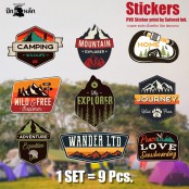 Camping logo sticker 1 set contains 9 pieces, sticker on the water bottle, white PVC, sun-resistant, rain-resistant, model P7Mj73-0008, ready to ship!!!!