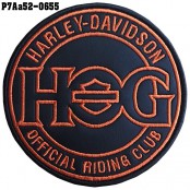 อาร์มติดเสื้อ ปักลาย HOG harley-davidson ปักดำส้มพื้นหนังดำ ทรงกลม/SIZE 8*8cm งานปักละเอียด รุ่น P7Aa52-0655