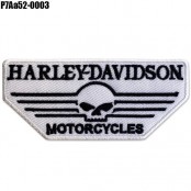 อาร์มปักลาย Harley Motorcycles  หัวกะโหลก ทรง6เหลี่ยม ปักดําขาวบนผ้าโพลีสีขาว  ขนาด 9*4cm รุ่นP7Aa52-0003 พร้อมส่ง!!!