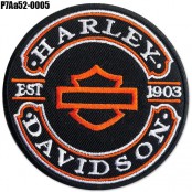 อาร์มรีดติดเสื้อ ลาย HARLEY EST-1903 วงกลม ปักดำขาวส้มบนผ้าโพลีสีดํา งานปักละเอียด ขนาด 8*8cm รุ่น P7Aa52-0005 พร้อมส่ง!!!