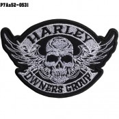 อาร์มติดเสื้อ ตัวรีดติดเสื้อ อาร์มปักลาย HARLEY OWNERS GROUP หัวกะโหลกมีปีก /Size 9.5*6.5cm #ปักดำขาวพื้นดำ รุ่น P7Aa52-0531