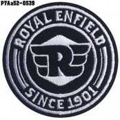 อาร์มติดเสื้อ ตัวรีดติดเสื้อ อาร์มปักลาย ROYAL ENFIELD วงกลม R /Size 6*6cm #ปักขาวพื้นดำ รุ่น P7Aa52-0539