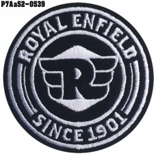 Shirt Iron on the shirt, embroidered with ROYAL ENFIELD circle R / Size 6 * 6cm #, embroidered white on black, model P7Aa52-0539.