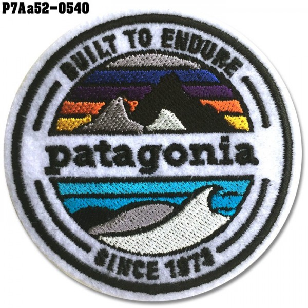 อาร์มติดเสื้อ ตัวรีดติดเสื้อ อาร์มปักลาย PATAGONIA วงกลม /Size 6.5*6.5cm #ปักดำฟ้าส้มเหลืองม่วงเทาพื้นขาว รุ่น P7Aa52-0540
