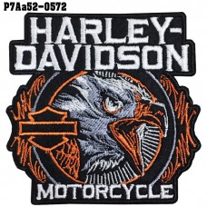 อาร์มติดเสื้อ ตัวรีดติดเสื้อ อาร์มปักลาย โลโก้ Harley หัวนกอินทรีย์เล็ก /Size 8*8cm #ปักขาวส้มพื้นดำ งานปักละเอียดคุณภาพสูง รุ่น P7Aa52-0572