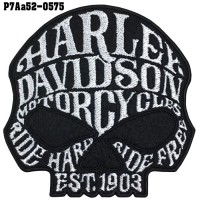 Shirt Iron on patch, embroidered with Harley logo, skull head TATAMI / Size 8 * 8cm #, embroidered white on black. High-quality, detailed embroidery, model P7Aa52-0575.