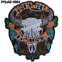 Shirt Iron on the shirt, embroidered with HARLEY, skull and buffalo / Size 10 * 9cm # embroidered gray, black, white, blue, orange, green, black background. High quality, detailed embroidery, model P7Aa52-0584.
