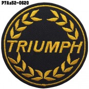 อาร์มติดเสื้อ ตัวรีดติดเสื้อ ลาย TRIUMPH วงกลม สีเหลือง #ปักดำขาวพื้นดำ/SIZE 6.7*3cm งานปักละเอียดคุณภาพสูง รุ่น P7Aa52-0620