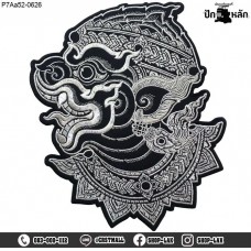 Hanuman black and white patch, beautiful and chic Thai pattern. Black embroidered with silver tinsel on black poly back fabric /Size 25*20cm, detail work, model P7Aa52-0626