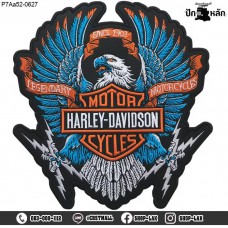 อาร์มติดเสื้อ ปักลาย HARLEY นกอินทรีย์ฟ้า #ปักดำฟ้าส้มขาวพื้นหนังดำ /Size 21*20cm งานปักละเอียด ติดหลังเสื้อ รุ่น P7Aa52-0627