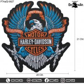 อาร์มติดเสื้อ ปักลาย HARLEY นกอินทรีย์ฟ้า #ปักดำฟ้าส้มขาวพื้นหนังดำ /Size 21*20cm งานปักละเอียด ติดหลังเสื้อ รุ่น P7Aa52-0627