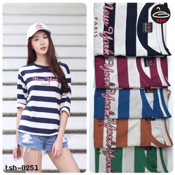 เสื้อยืดผู้หญิงแขนยาวลายขวาง พิมพ์ลาย new york paris มี 5 สี  No.tsh-0251