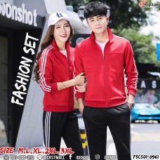 Shirts - Trousers, sets, pairs, long sleeved shirts, long pants Fashion stripe decoration, 3 side stripe, men-women long-sleeved sweater (red), comfortable to wear, soft fabric No. F5Cs01-0961