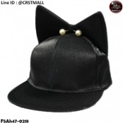 หมวกHipHopผ้า หมวกHipHopผ้าเงา สีดำ หมวกหูแมวประดับไข่มุก มันเงาวาว  No.F5Ah47-0218