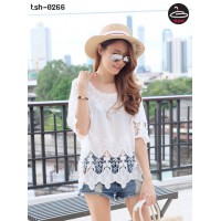  Korean lace shirt White lace Korean lace knit fabric with fabric flower fabric comfortably beautiful with something pretty. No.tsh-0266