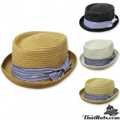 หมวกไมเคิล fedora hat nature สานตัดหน้าตรง คาดริ้บบิ้น สินค้ามีทั้งหมด 4 สี  No.F1Ah12-0053
