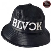 หมวกBucket hat หนัง สีกรม ปัก BLACK