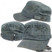 หมวกแก๊ป ผ้ายีนส์ หมวกยีนส์ฟอก ติดหมุดกลมเล็ก หมวกทรง JAPAN ผ้ายีนส์ติดหมุดกลมเล็ก สามารถปรับไซด์ได้ No.#4276