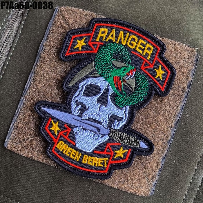 Embroidered Velcro patch (Ranger) embroidered green, white, gray, black, yellow,on black poly fabric, snake head, size 10*8cm, model P7Aa60-0038, ready to ship!!!
